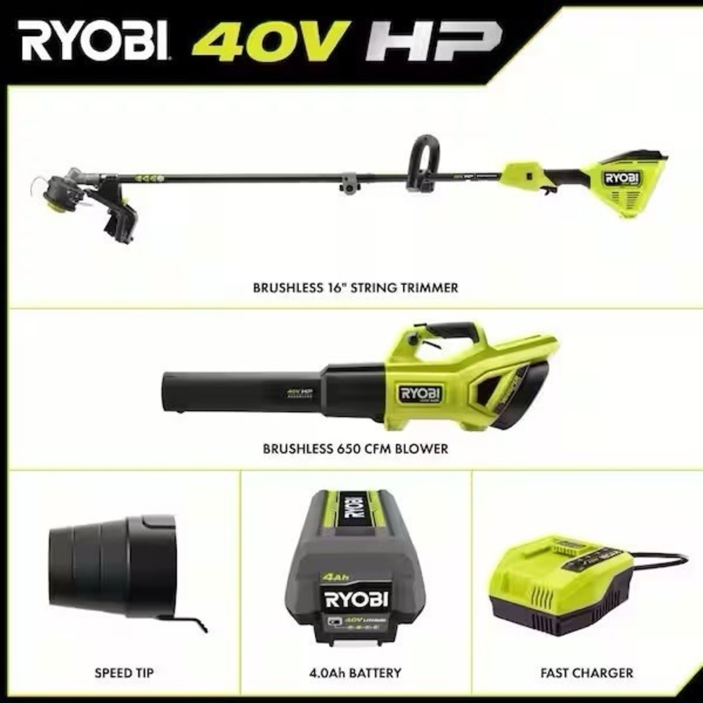 RYOBI 40V HP Brushless 650 CFM Blower & Carbon Fiber Trimmer Kit 4Ah - Picture 2 of 2